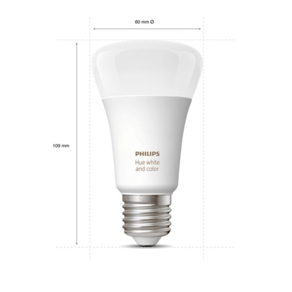 Kit de inicio 3 bombillas inteligentes E27 color ambiance y Hue Bridge  medidas