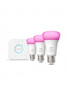 Kit de inicio 3 bombillas inteligentes E27 color ambiance y Hue Bridge
