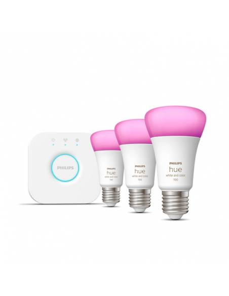 Kit de inicio 3 bombillas inteligentes E27 color ambiance y Hue Bridge