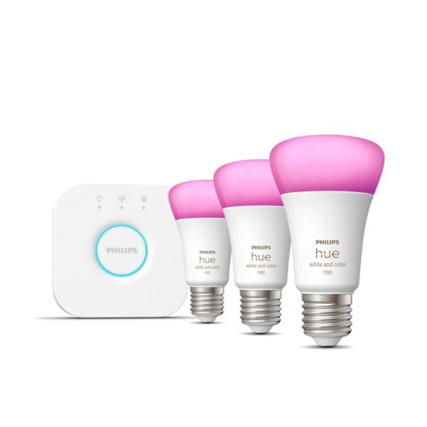 Kit de inicio 3 bombillas inteligentes E27 color ambiance y Hue Bridge