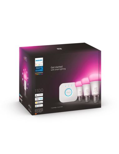 Kit de démarrage 3 ampoules intelligentes E27 couleur ambiance et emballage Hue Bridge