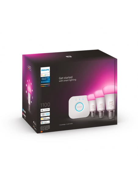 Kit de inicio 3 bombillas inteligentes E27 color ambiance y Hue Bridge embalaje