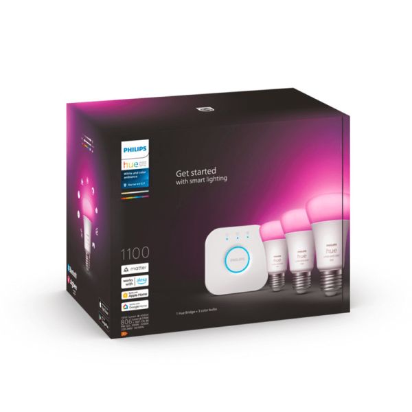 Kit de inicio 3 bombillas inteligentes E27 color ambiance y Hue Bridge embalaje