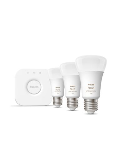 Kit de inicio 3 bombillas inteligentes E27 color ambiance y Hue Bridge Philips