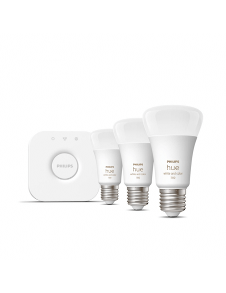 Kit de inicio 3 bombillas inteligentes E27 color ambiance y Hue Bridge Philips