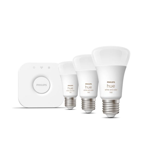 Kit de inicio 3 bombillas inteligentes E27 color ambiance y Hue Bridge Philips