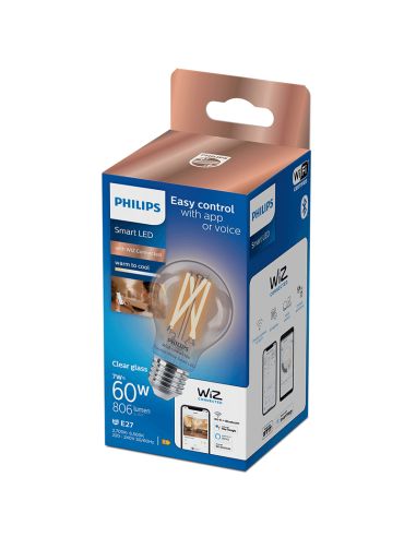 Bombilla LED inteligente con filamento transparente 7W - 60W A60 E27 2700K-6500K Wifi Wiz 8719514371965 Philips | LeonLeds