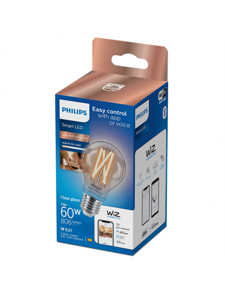 Bombilla LED inteligente con filamento transparente 7W - 60W A60 E27 2700K-6500K Wifi Wiz 8719514371965 Philips | LeonLeds