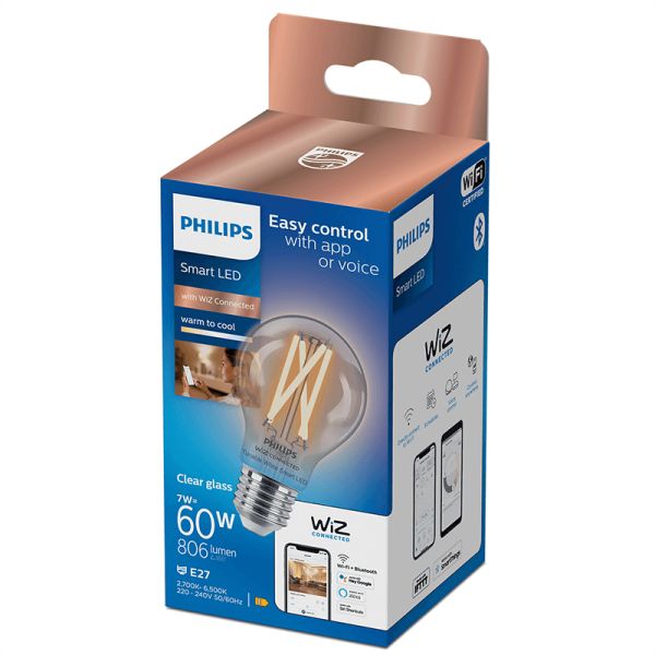 Bombilla LED inteligente con filamento transparente 7W - 60W A60 E27 2700K-6500K Wifi Wiz 8719514371965 Philips | LeonLeds