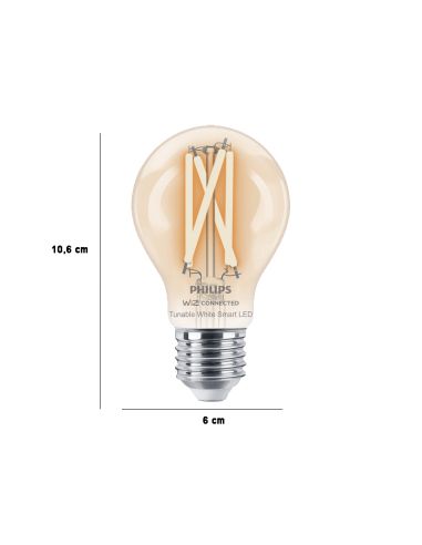 Dimensiones Bombilla LED inteligente con filamento transparente Wiz Philips 8719514371965 | LeonLeds