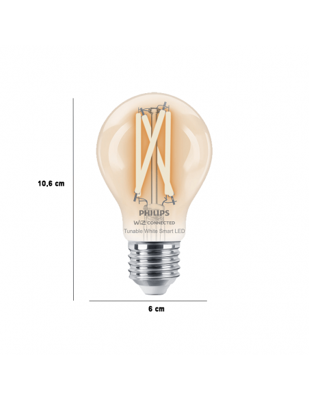 Dimensiones Bombilla LED inteligente con filamento transparente Wiz Philips 8719514371965 | LeonLeds