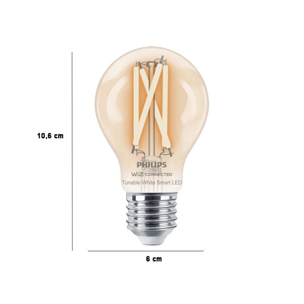 Dimensiones Bombilla LED inteligente con filamento transparente Wiz Philips 8719514371965 | LeonLeds