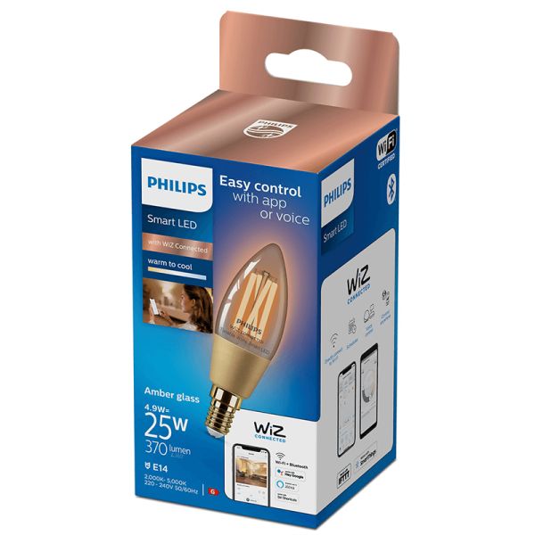 Ampoule Bougie Intelligente Vintage E14 4.9W 25W C37 Wiz Connect 2,000K - 5000K 8719514372085 Philips | leonleds