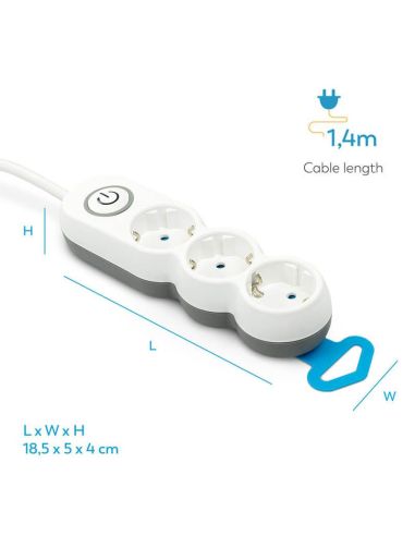 Medidas de Regleta 3 enchufes con interruptor luminoso y enchufe plano 1,4 metros de cable 420042 Garza | LeonLeds