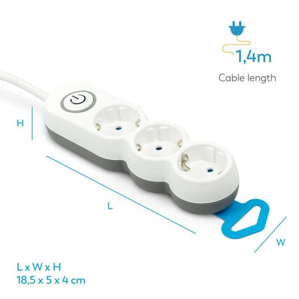Medidas de Regleta 3 enchufes con interruptor luminoso y enchufe plano 1,4 metros de cable 420042 Garza | LeonLeds
