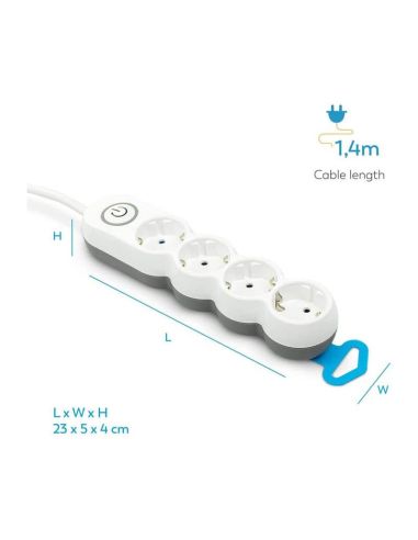Multiprise 4 prises avec interrupteur lumineux et fiche plate, câble de 1,4 m 8430624200432 Garza | LeonLeds