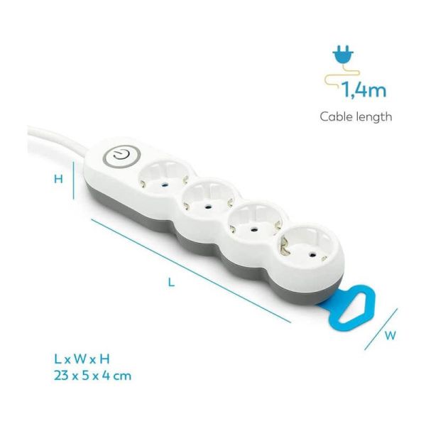 Multiprise 4 prises avec interrupteur lumineux et fiche plate, câble de 1,4 m 8430624200432 Garza | LeonLeds