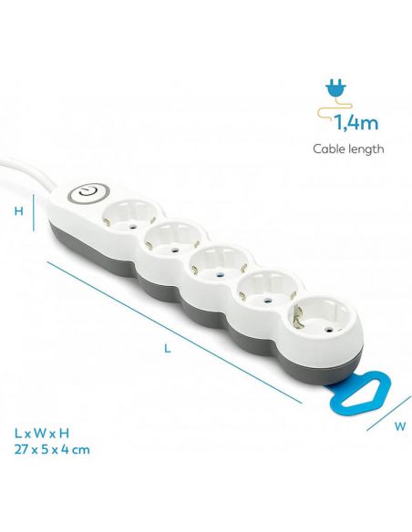 Medidas de Base multiple 5 enchufes con interruptor luminoso y enchufe plano 1,4 metros de cable 420044 Garza | LeonLeds