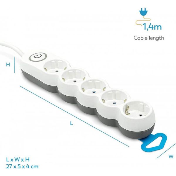 Garza 420044 Multitomada de 5 tomadas com interruptor iluminado e plugue plano, 1,4 metros de cabo | LeonLeds