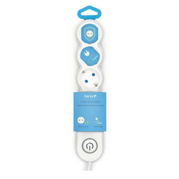 Base multiple 5 enchufes con interruptor luminoso y enchufe plano 1,4 metros de cable 420044 Garza | LeonLeds