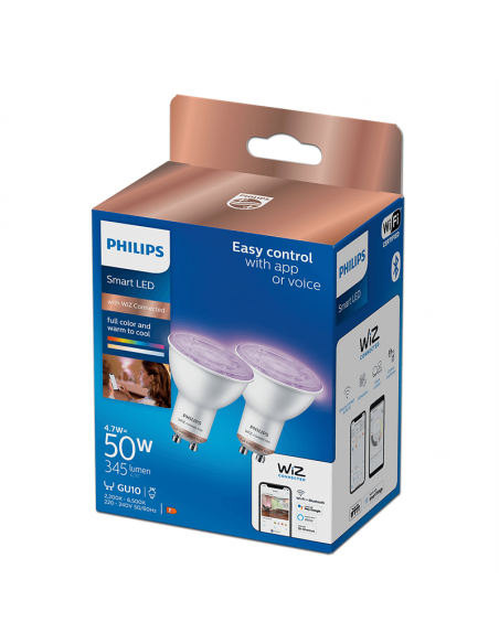 Pack 2 Bombillas LED inteligente GU10 50W 8719514372689 Philips Wiz | LeonLeds