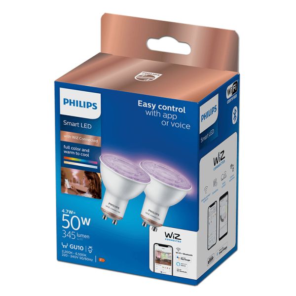 Pack 2 Bombillas LED inteligente GU10 50W 8719514372689 Philips Wiz | LeonLeds
