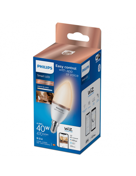 Ampoule LED Smart Candle E14 4,9 W - 40 W Dimmable Tonalité 2 700 K - 6 500 K Wiz Philips | leonleds