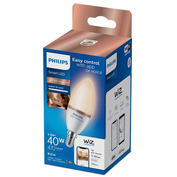 Bombilla LED Vela Inteligente E14 4,9W - 40W Tonalidad Regulable 2.700K - 6500K Wiz Philips | LeonLeds