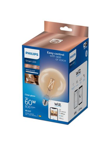 Bombilla Globo G125 con Tonalidad Regulable 7W - 60W 2.700K - 6.500K Wiz Connect Cristal Transparente Philips | LeonLeds