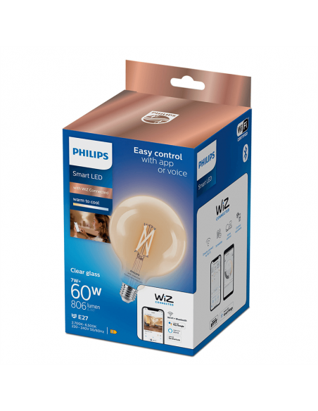 Bombilla Globo G125 con Tonalidad Regulable 7W - 60W 2.700K - 6.500K Wiz Connect Cristal Transparente Philips | LeonLeds