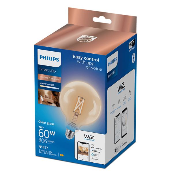 Bombilla Globo G125 con Tonalidad Regulable 7W - 60W 2.700K - 6.500K Wiz Connect Cristal Transparente Philips | LeonLeds