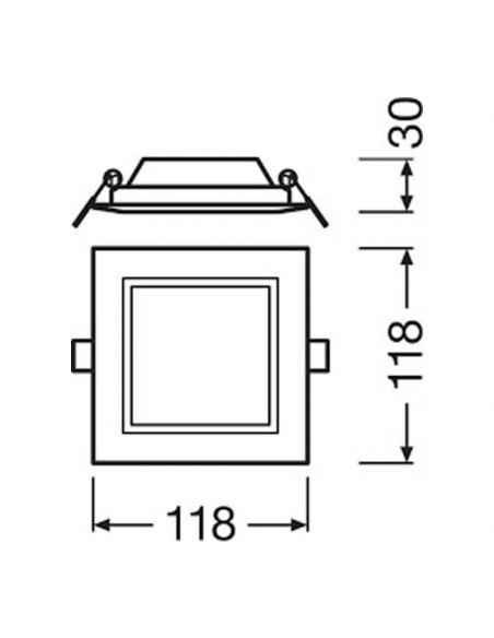 Dimensiones Downlight LED cuadrado 6W SQ150 de 430Lm IP20 Corte 10,5Cm X 10,5Cm Eco Glass LedVance | LeonLeds
