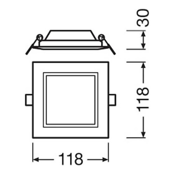 Dimensiones Downlight LED cuadrado 6W SQ150 de 430Lm IP20 Corte 10,5Cm X 10,5Cm Eco Glass LedVance | LeonLeds