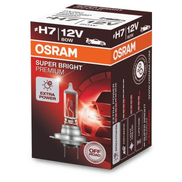 Lâmpada H7 muito potente com 80W de 12V Super Bright Premium (1 Unidade) 62261SBP Osram | leonleds