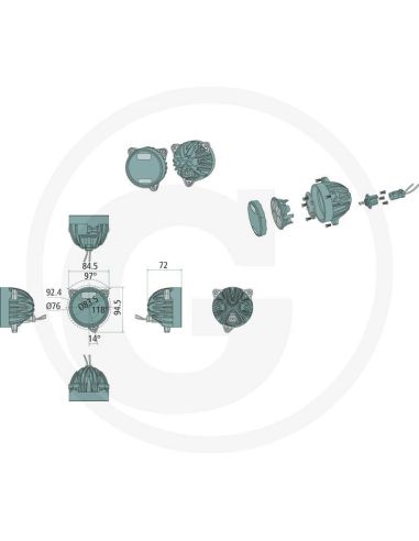Dimensiones Faro LED redondo empotrable 40W de Ø 84 con conector Deutsch 12/24V Case New Holland | LeonLeds