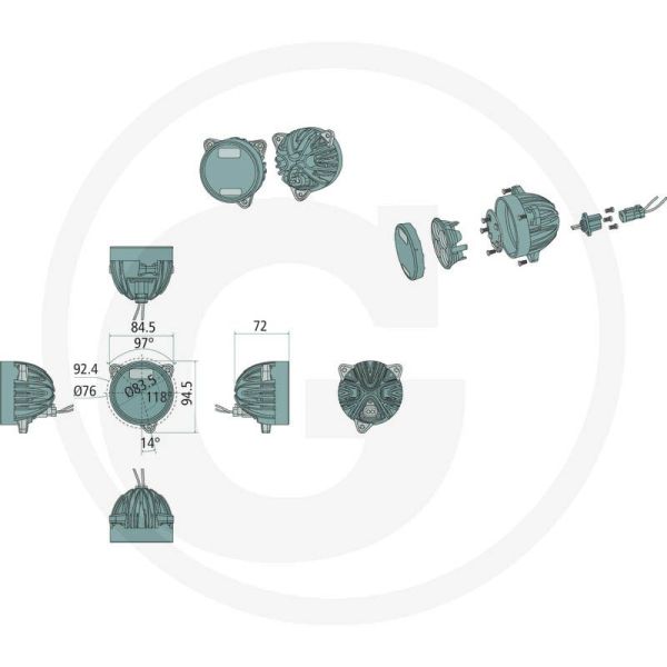 Dimensiones Faro LED redondo empotrable 40W de Ø 84 con conector Deutsch 12/24V Case New Holland | LeonLeds