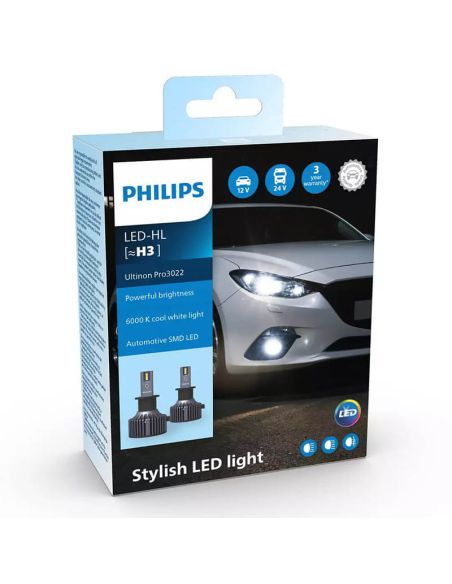 Bombilla LED H3 Ultinon PRO3022 6000K 1.600Lm 12V / 24V Pack 2 Unds. 11336U3022X2 Philips | LeonLeds