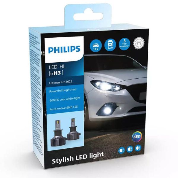 Lâmpada LED H3 Ultinon PRO3022 6000K 1.600Lm 12V / 24V Pack 2 Unid. 11336U3022X2 Philips | leonleds