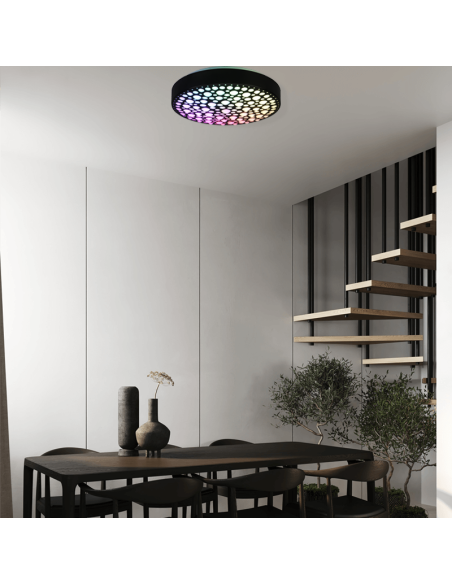 Luminária de teto LED preta Chizu com luz ambiente multicolorida