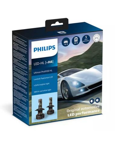 Bombilla LED H4 potente PRO9100 5800K 1.000Lm/1.500Lm 12V / 24V + 350% de luz Pack 2 Unds. 11342U91X2 Philips | LeonLeds