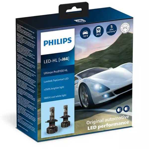 Ampoule LED H4 puissante PRO9100 5800K 1000Lm/1500Lm 12V / 24V + 350% de lumière Pack 2 Unités. 11342U91X2 Philips | leonleds