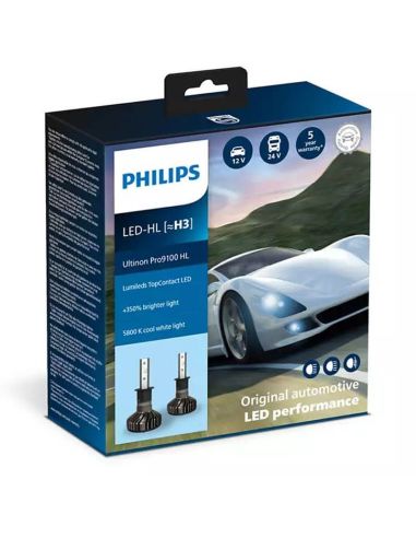 Bombillas LED H3 potentes Ultinon PRO9100 5.800K 12V / 24V Pack 2 Unds. + 350% mas de luz Philips | LeonLeds