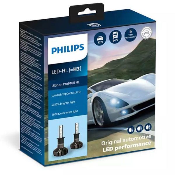Ampoules LED H3 puissantes Ultinon PRO9100 5 800K 12V / 24V Pack 2 Und. + 350 % de lumière en plus Philips | leonleds