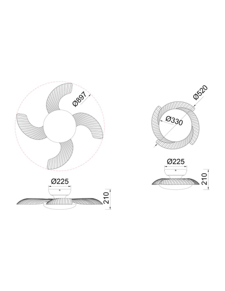 Ventilador com luz LED e pás suspensas Aloha medidas brancas