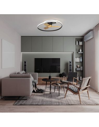 Plafón ventilador LED regulable Ocean color negro madera ambiente Mantra