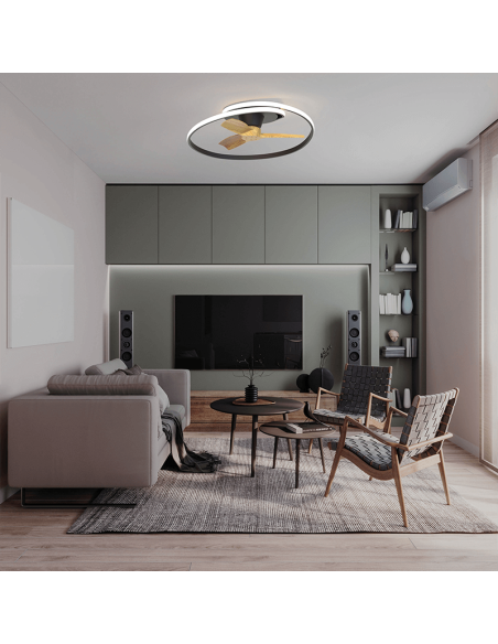 Plafón ventilador LED regulable Ocean color negro madera ambiente Mantra