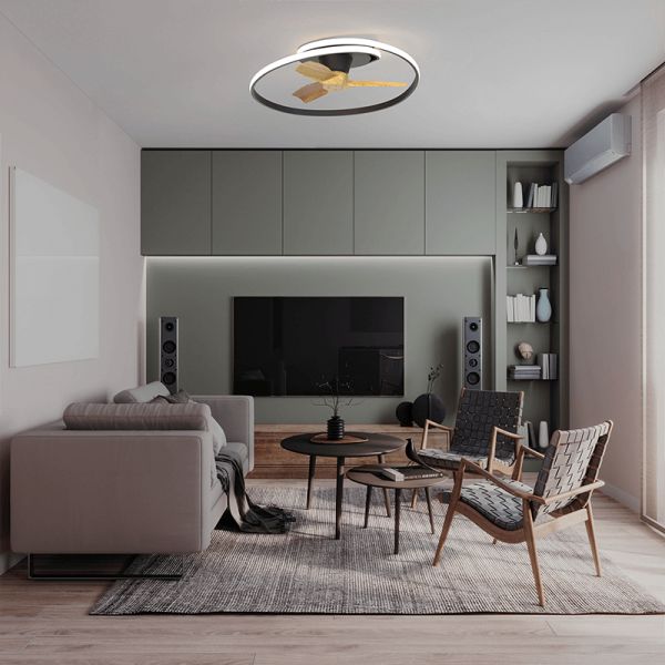 Plafón ventilador LED regulable Ocean color negro madera ambiente Mantra