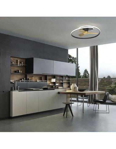 Plafón ventilador LED regulable Ocean color negro madera ambiente
