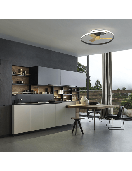 Plafón ventilador LED regulable Ocean color negro madera ambiente