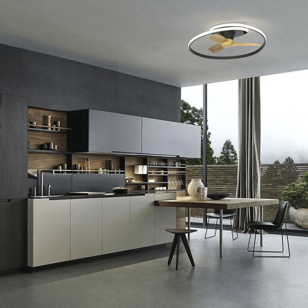 Plafón ventilador LED regulable Ocean color negro madera ambiente